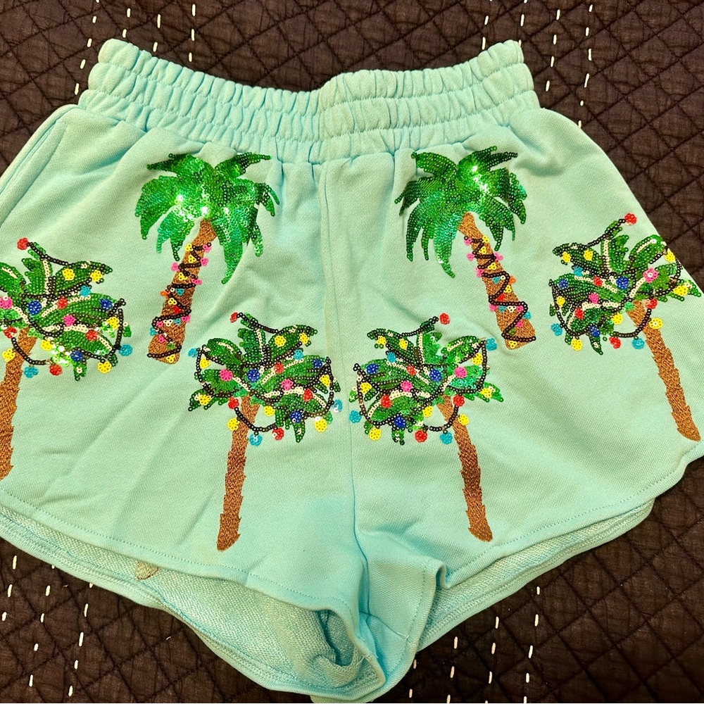 QUEEN OF SPARKLES Green Palm Tree Embellished Shorts